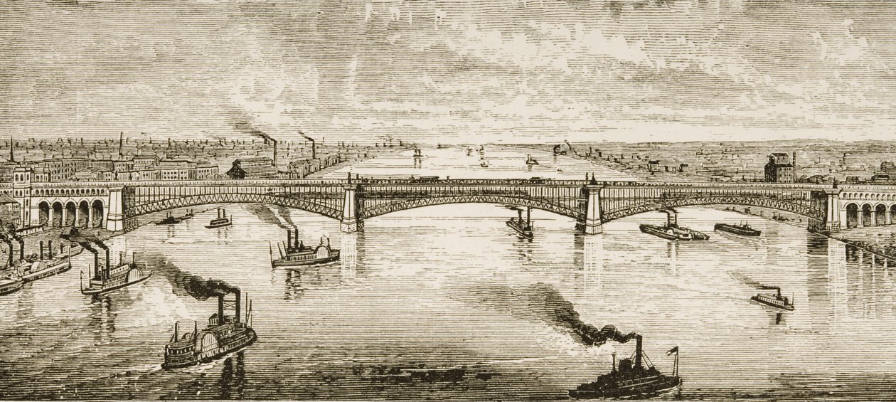 セントルイスのミシシッピ川を渡る鋼橋、1874年、「アメリカンピクチャーズ」より 作： 英語学校