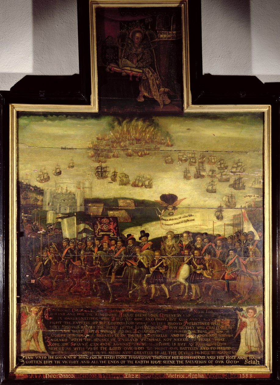 クイーンエリザベス1世（1530-1603）がティルベリーに到着。イングランドの学校による左腕パネルのスペイン軍の敗北（17世紀） 作： 英語学校