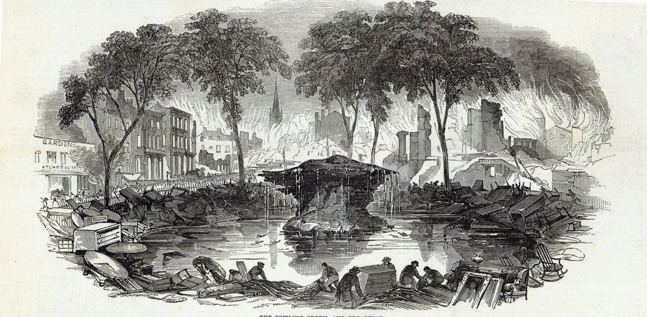 The Illustrated London News、1845年8月23日、ニューヨークのボウリンググリーンとブロードウェイ 作： 英語学校