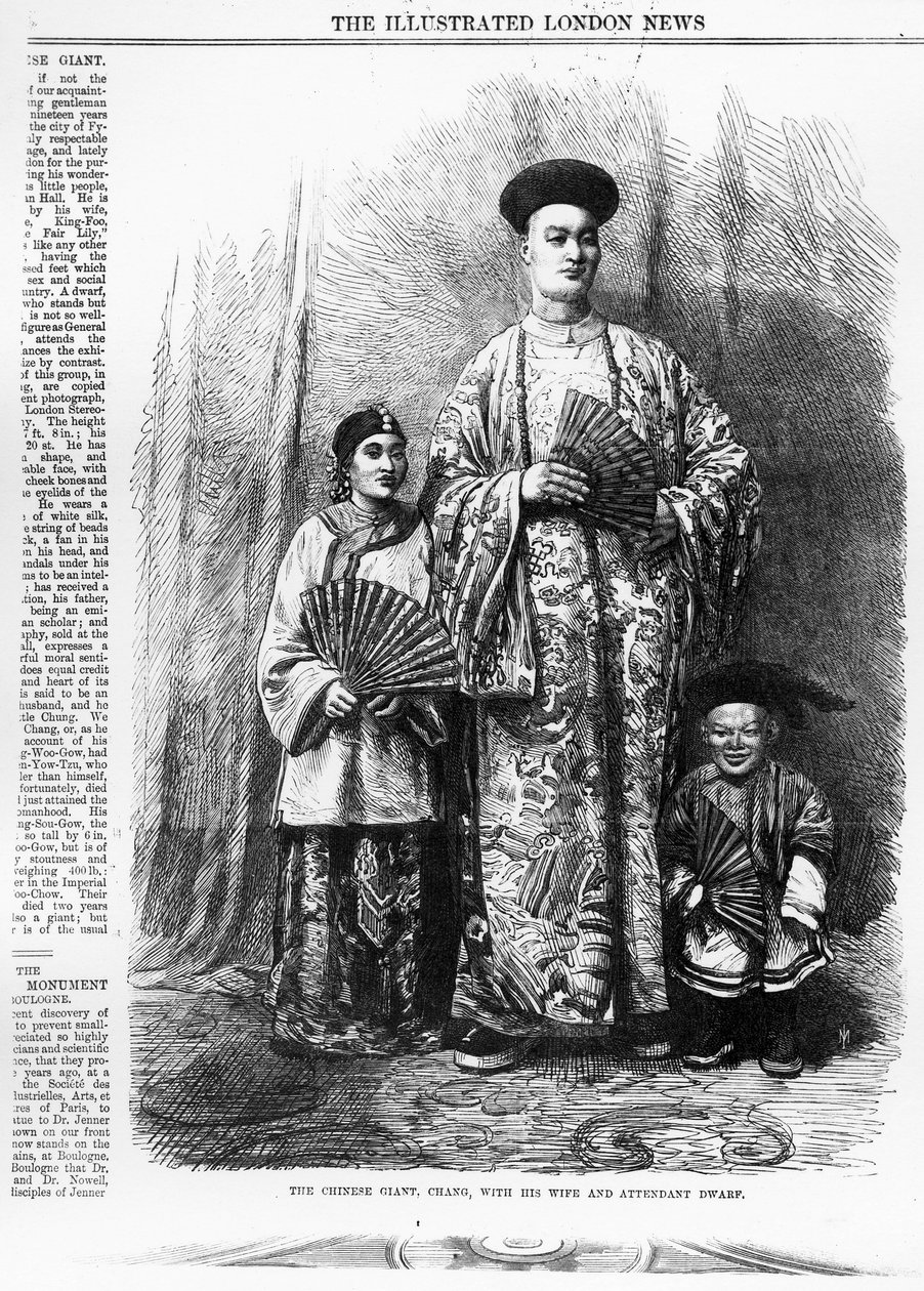 チャイニーズジャイアントチャンは妻と付き添いの小人と一緒に、1865年9月30日の「The Illustrated London News」に掲載されました。 作： 英語学校