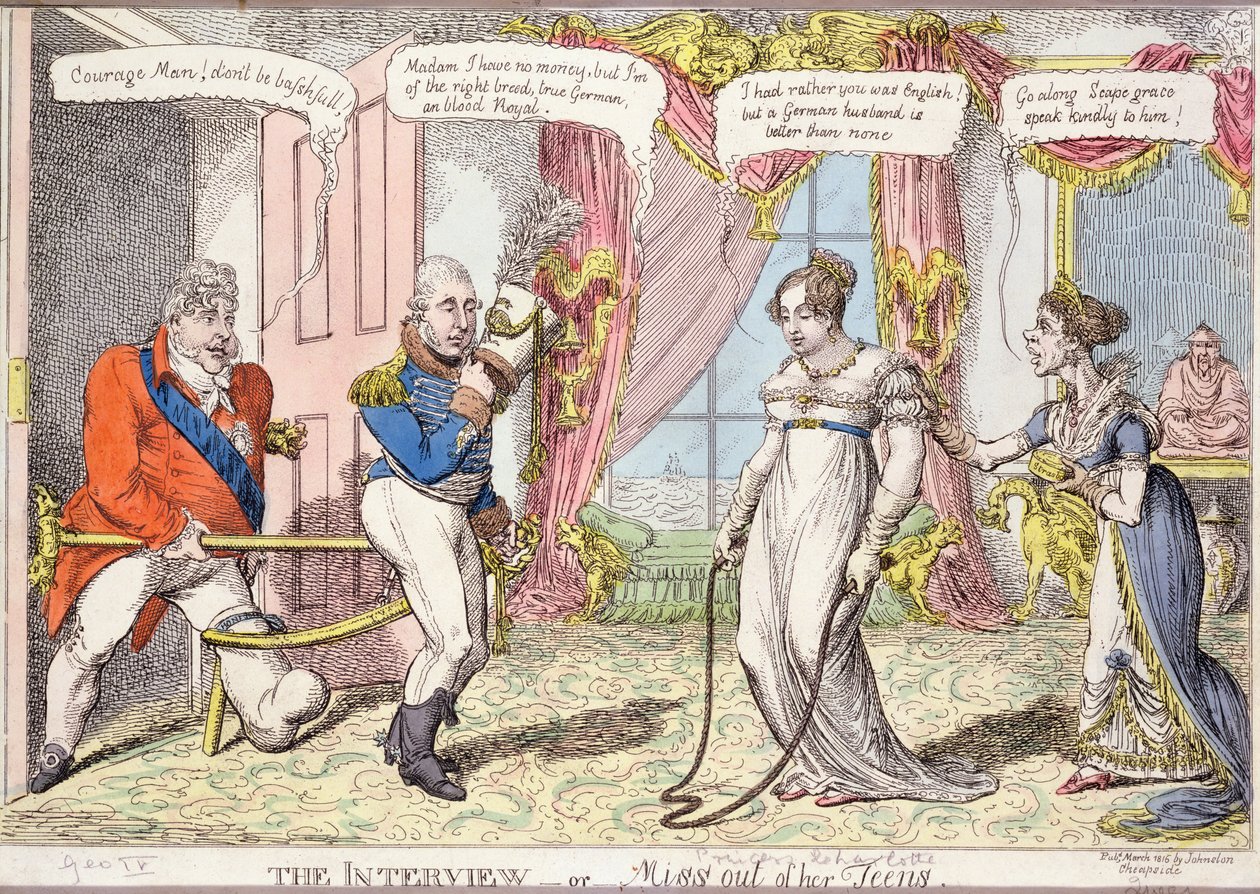 インタビューまたは彼女の10代からのミス、1816年（カラーエッチング） 作： 英語学校