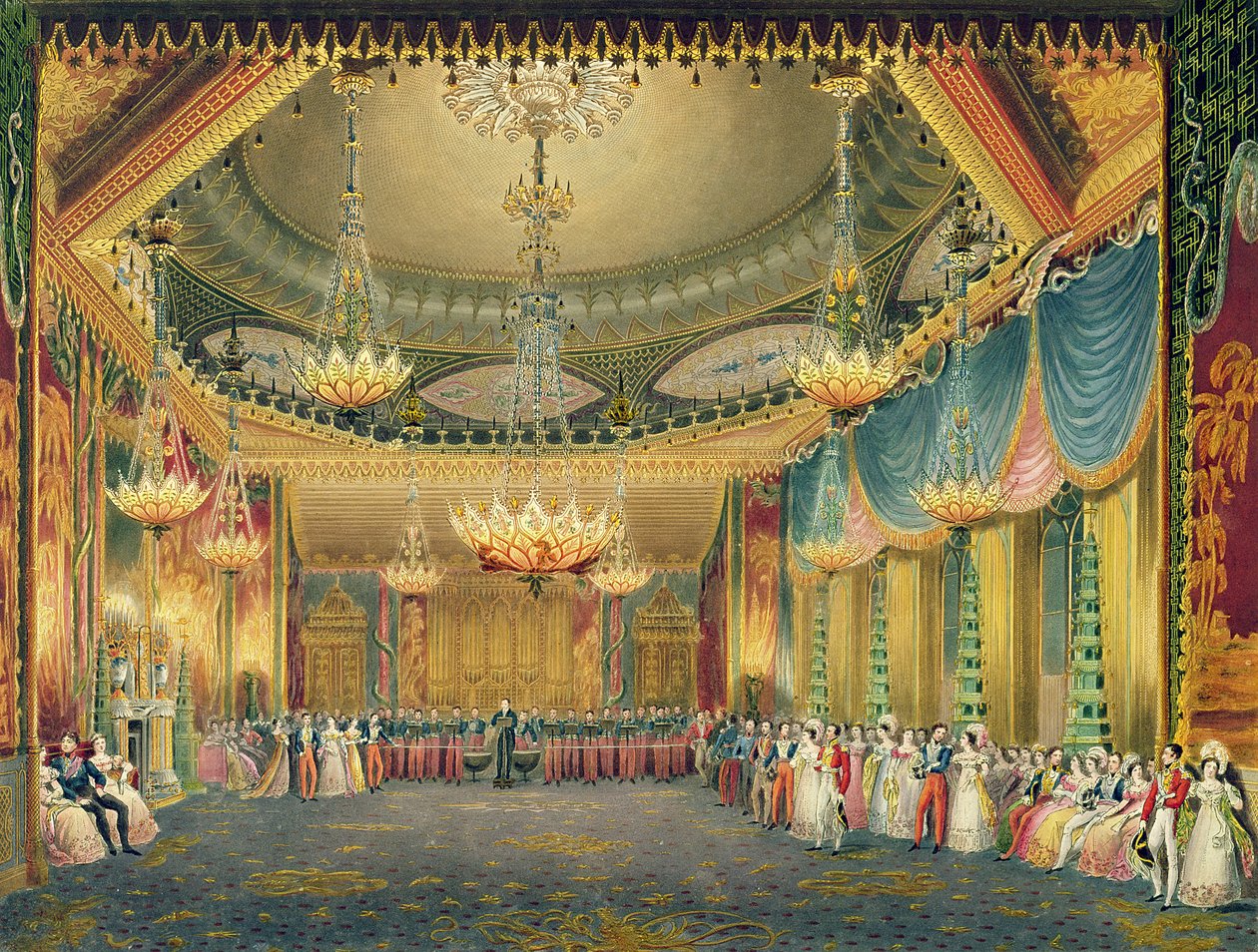 音楽室、ロイヤルパビリオンの眺望、ブライトン、ジョンナッシュ（1752-1835）1826年（アクアチント） 作： 英語学校
