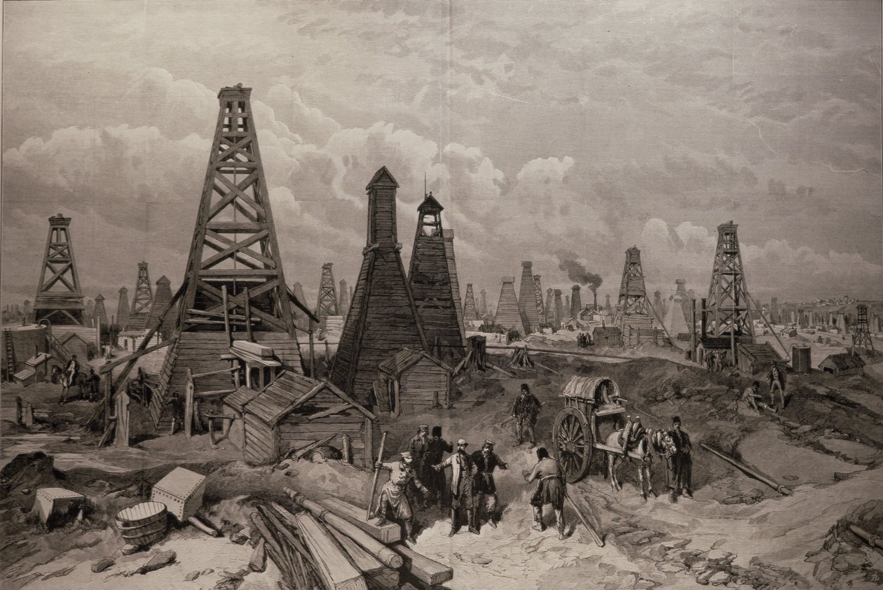 1886年6月19日の「The Illustrated London News」より、カスピ海のバクーにある石油油田 作： 英語学校