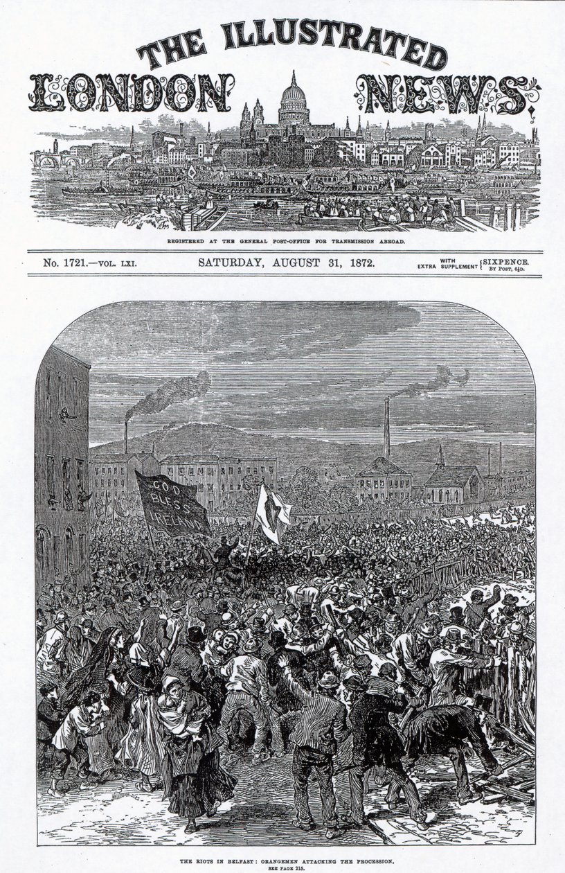 ベルファストの暴動：1872年8月31日の「イラストレイテッドロンドンニュース」の表紙、行列を攻撃するオレンジマン 作： 英語学校