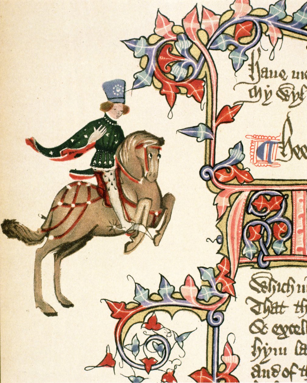 The Squire、The Canterbury Talesの詳細、Geoffrey Chaucer（c.1342-1400）Ellesmere Manuscript、fax版、1911（オリジナルの詳細は128934を参照） 作： 英語学校