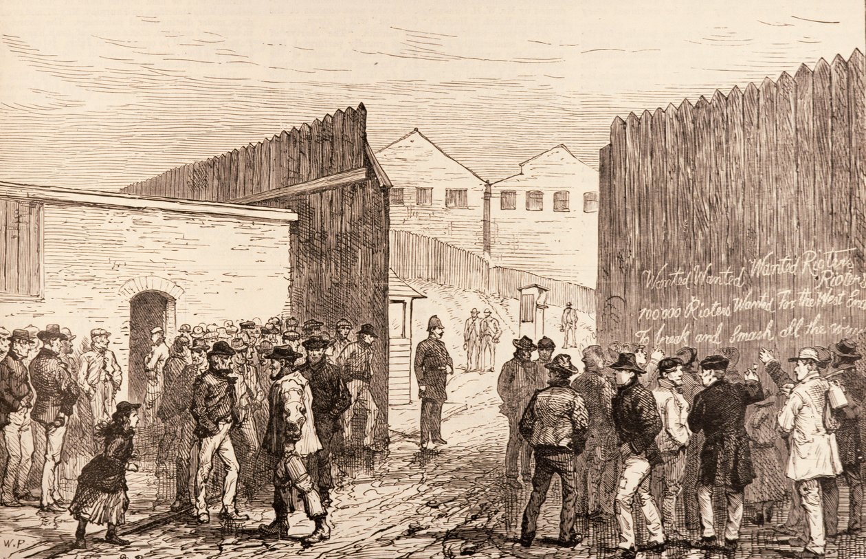 1886年2月20日の「The Illustrated London News」からのロンドンの失業者：西インドのドックの門への碑文 作： 英語学校