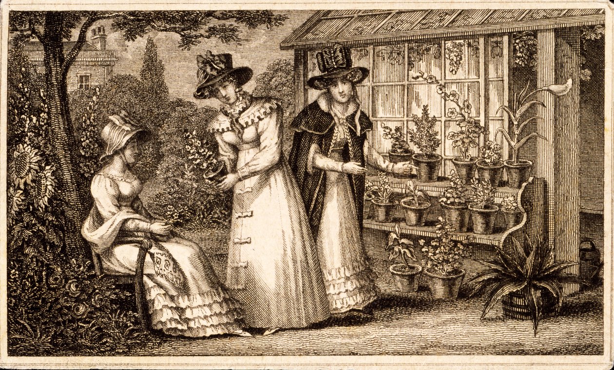 ポッティング小屋c.1820sによる3人の女性の園芸 作： 英語学校