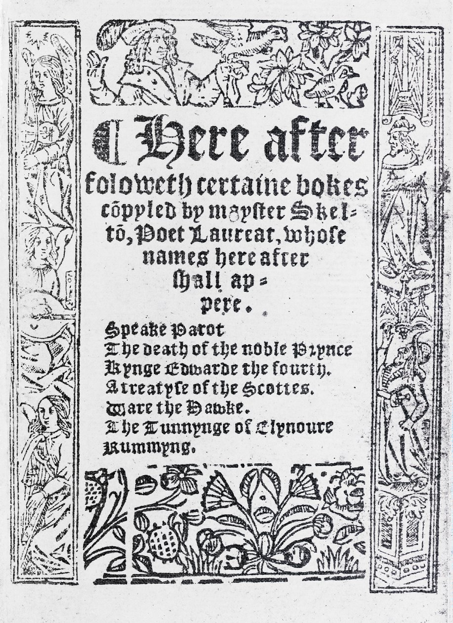 John Skeltonによる「Mayster SkeltonによってコピーされたCertaine Bokes」のタイトルページ、1550年発行（印刷された紙） 作： 英語学校