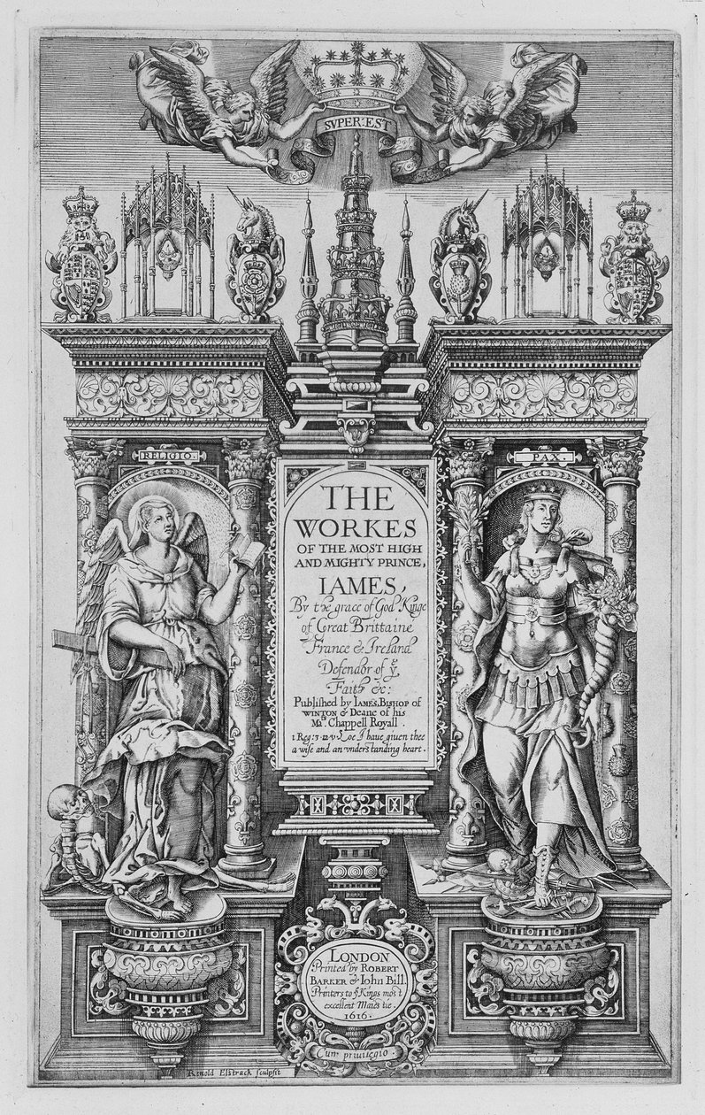 ジェームズ1世の作品のタイトルページ、Renold Elstrack（1571-c.1630）によって彫刻1616 作： 英語学校