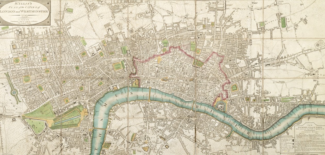 ロンドン市とウェストミンスター市のウォリス折り返し地図、1799年 作： 英語学校