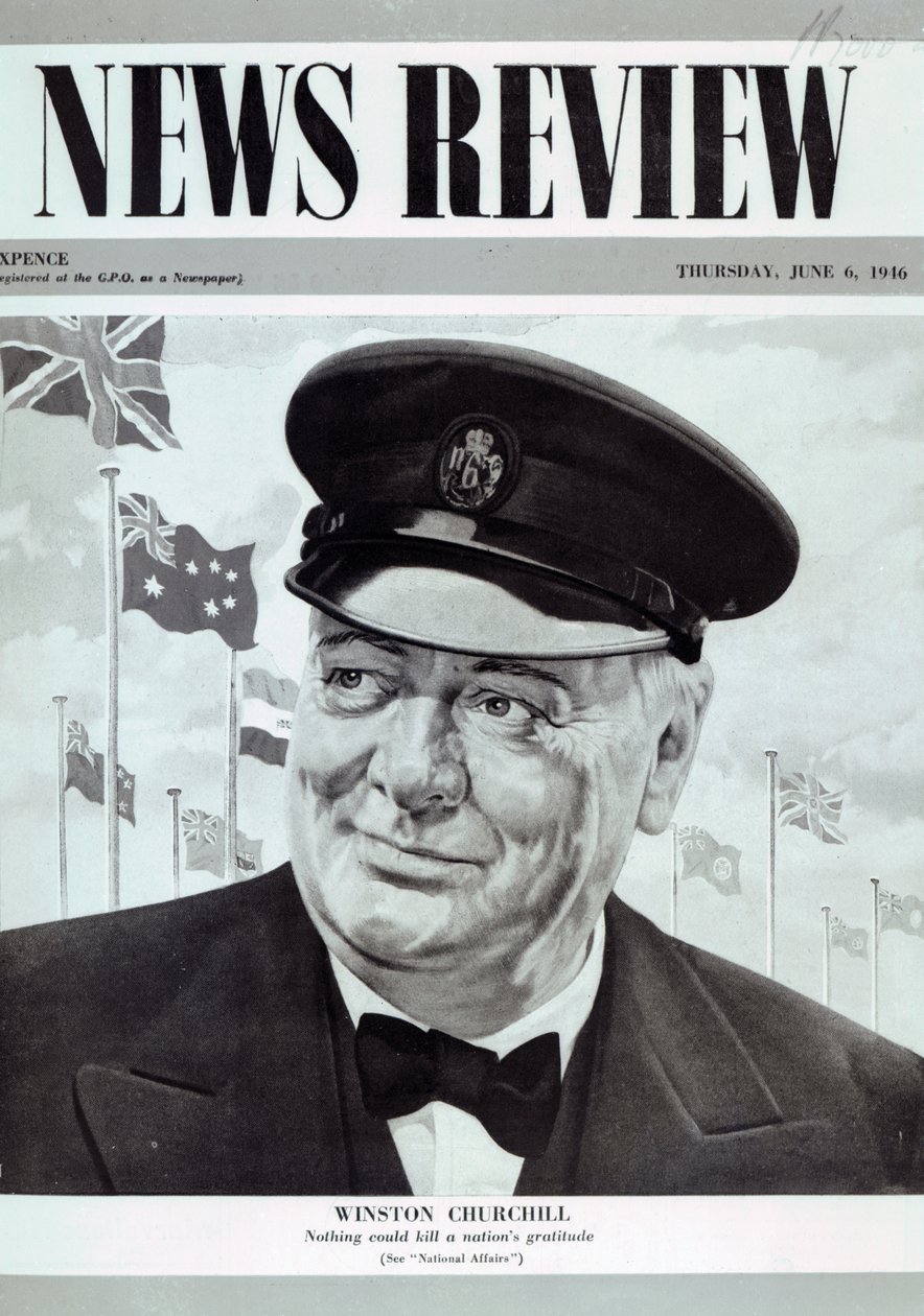 ウィンストンチャーチル、「ニュースレビュー」の表紙より、1946年6月6日（印刷） 作： 英語学校