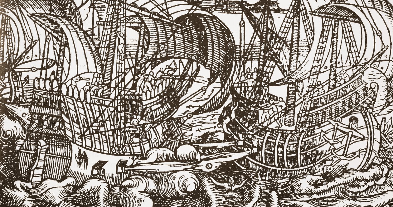 海上の軍艦の現代的な木版画 作： 英語学校