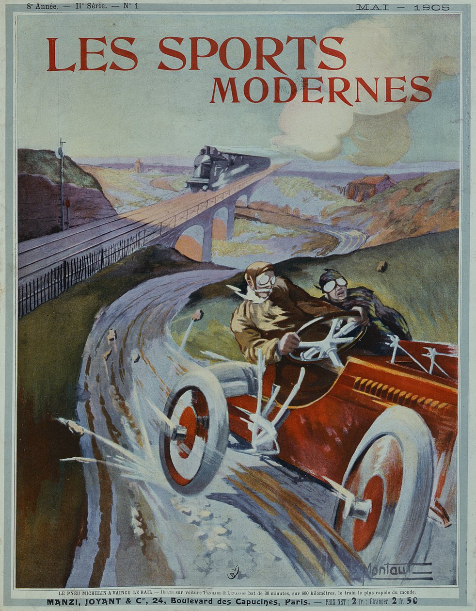「ミシュランのタイヤはレールよりも速い！」、「Les Sports Modernes」誌の表紙、1905年5月 作： アーネスト・モントー