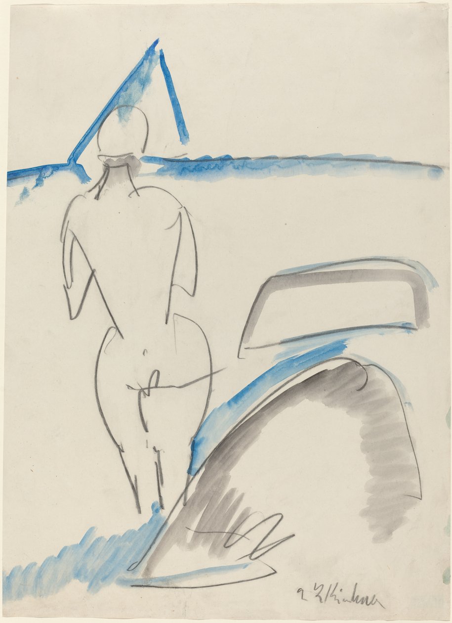 Bather on the Beach、1912-13（青と灰色のウォッシュを施した黒いクレヨン） 作： エルンスト・ルートヴィヒ・キルヒナー