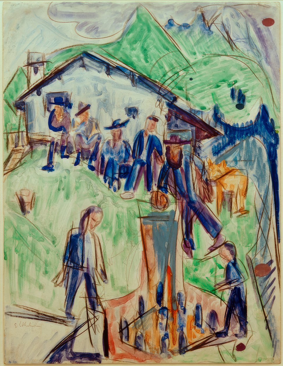 ELKirchner、Stafelalp小屋の前の噴水の農民 作： エルンスト・ルートヴィヒ・キルヒナー