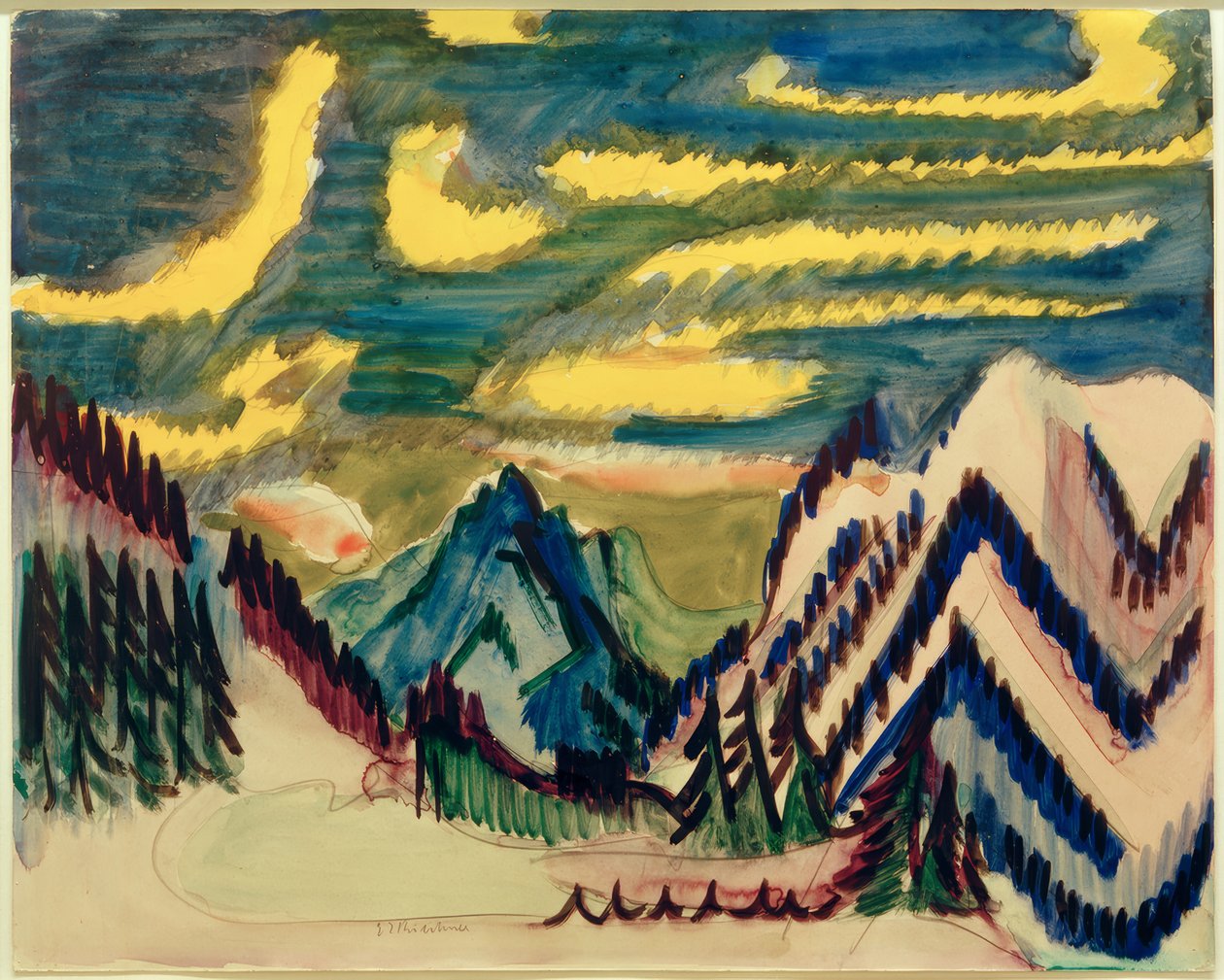 ELKirchner、黄色の雲とダボス山の風景 作： エルンスト・ルートヴィヒ・キルヒナー