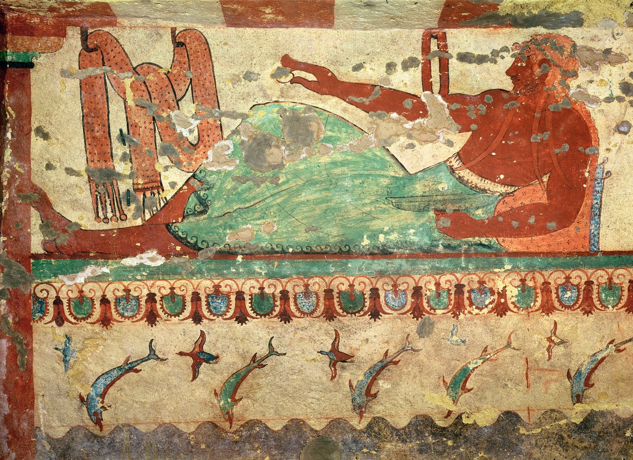 ライオンの墓から、手に卵を持っている葬儀の宴会のゲスト、紀元前520年頃（壁画） 作： エトルリア語