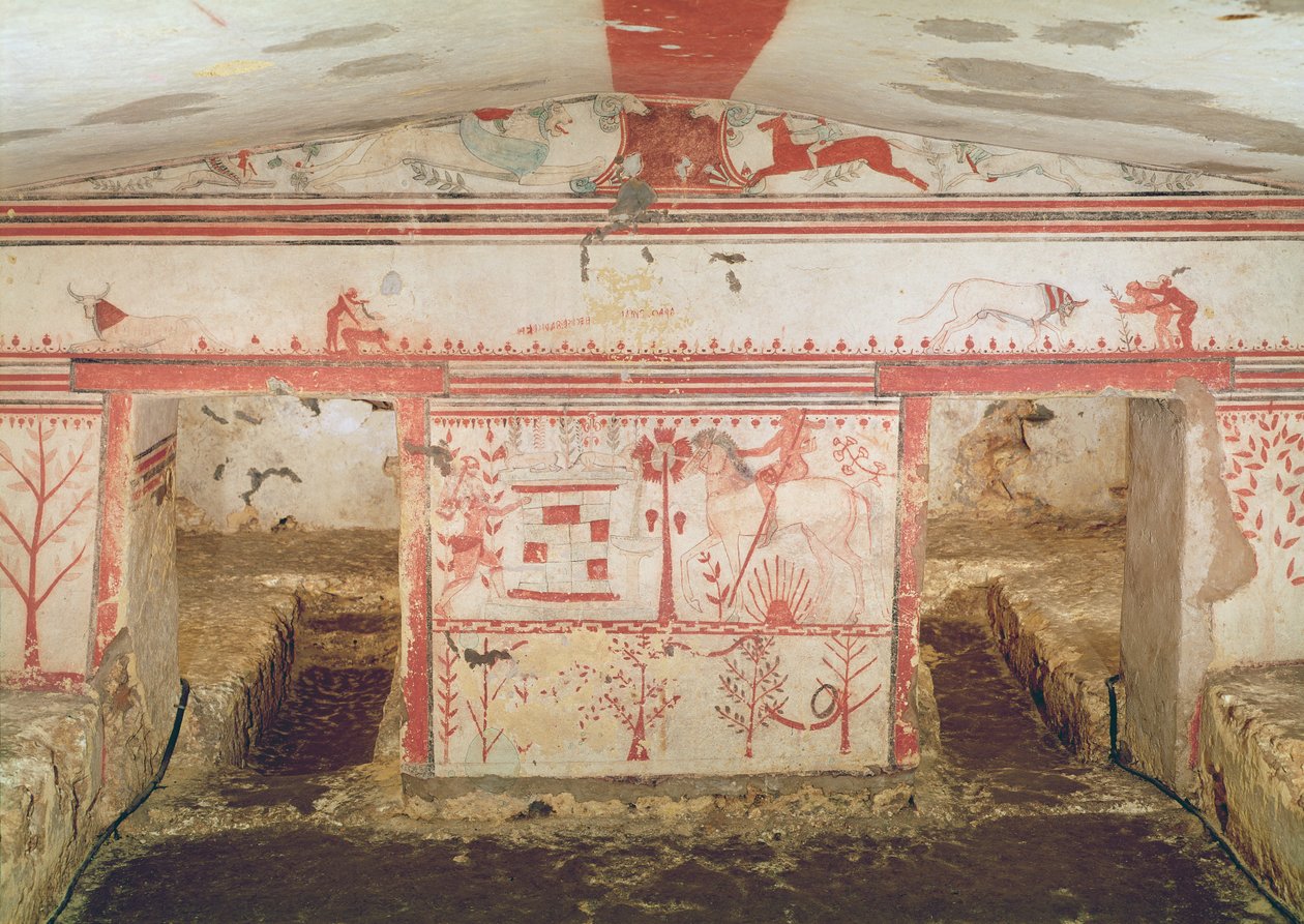 雄牛の墓からトロイルスを待ち伏せするアキレス、紀元前550年頃（壁画） 作： エトルリア語