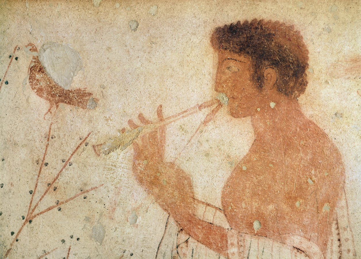 トリクリニウムの墓からダブルフルートを演奏するミュージシャンの詳細、紀元前470年頃（壁画） 作： エトルリア語
