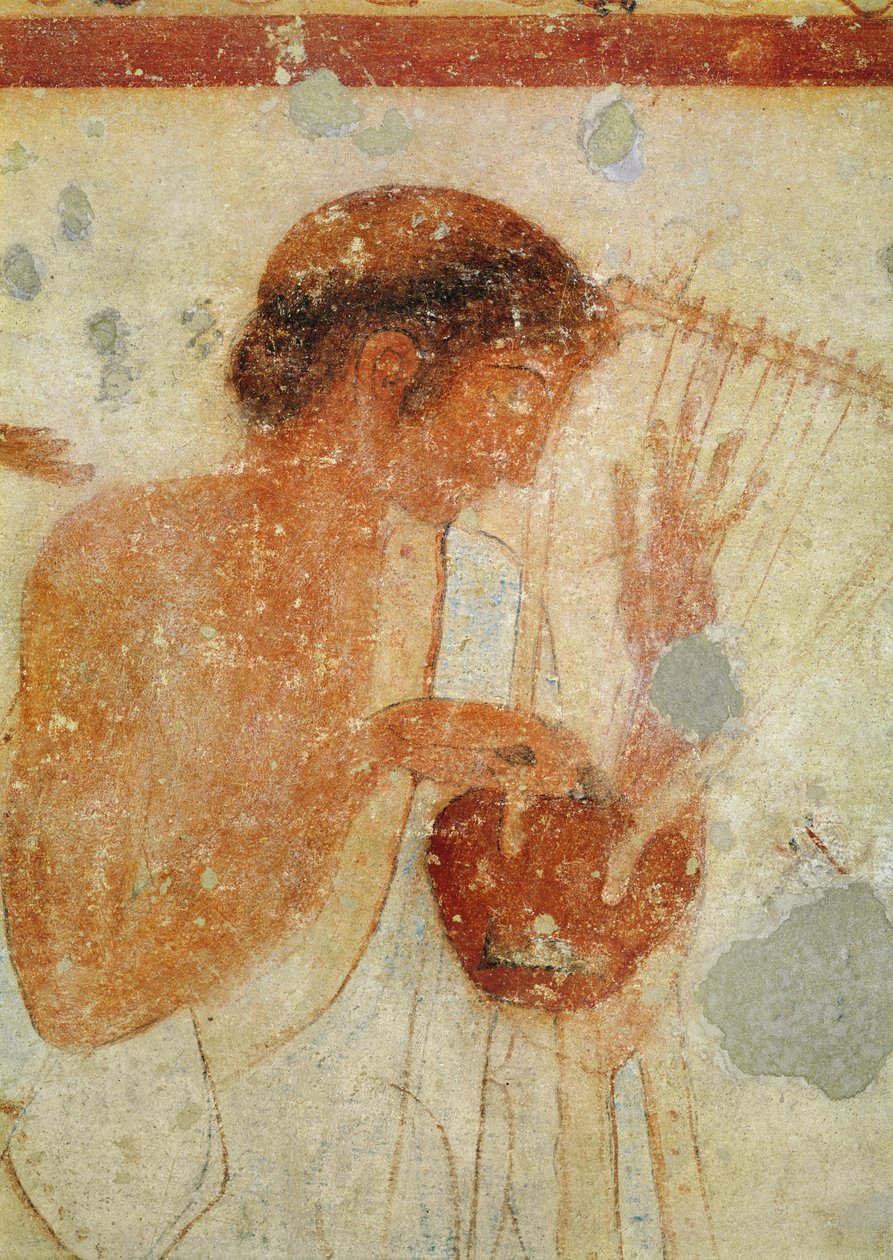 トリクリニウムの墓からのジターまたは竪琴を演奏する音楽家の詳細、紀元前470年頃の壁画、407461も参照 作： エトルリア語