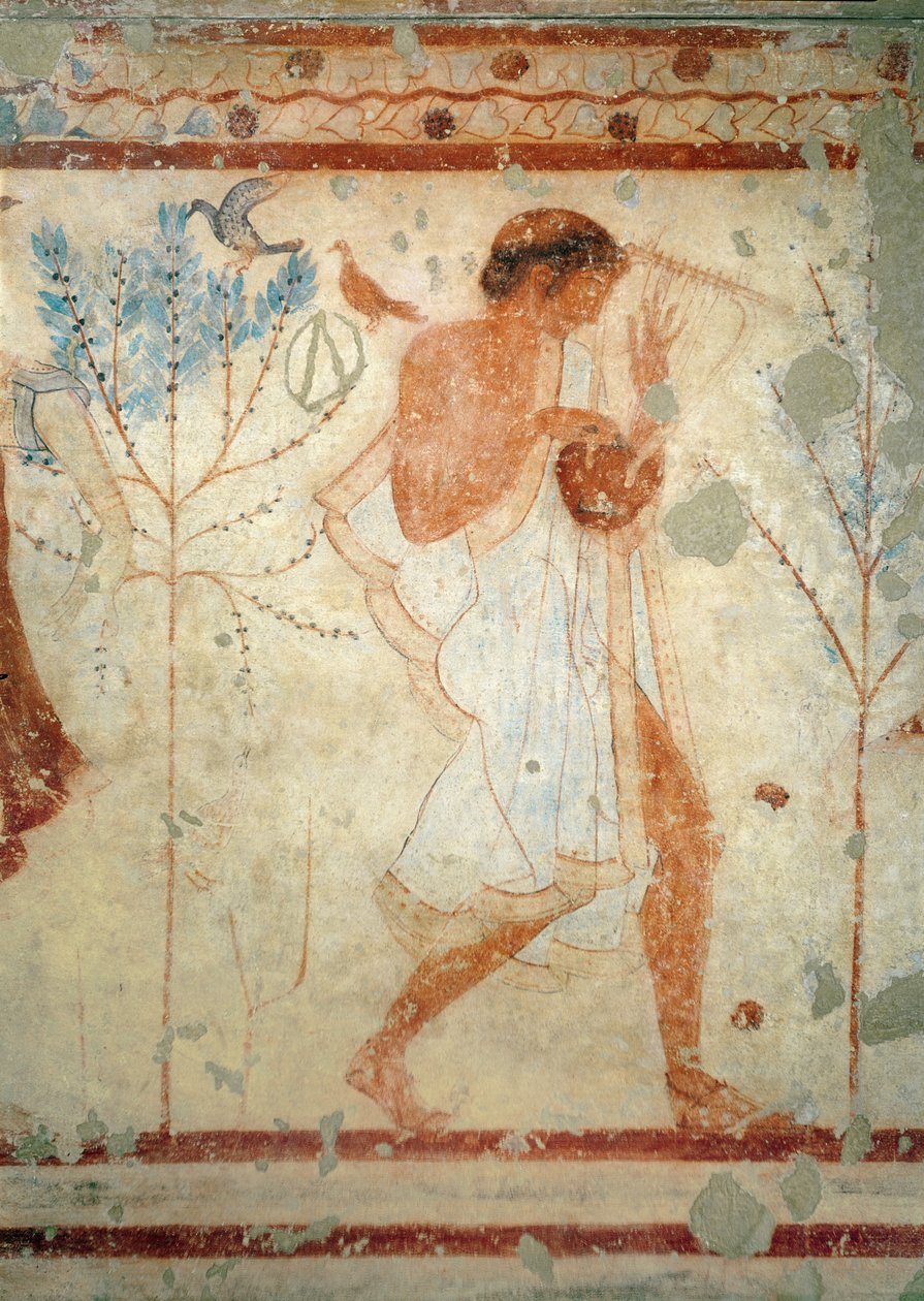 トリクリニウムの墓からジターまたは竪琴を演奏する音楽家、紀元前470年頃（壁画）（407461も参照） 作： エトルリア語