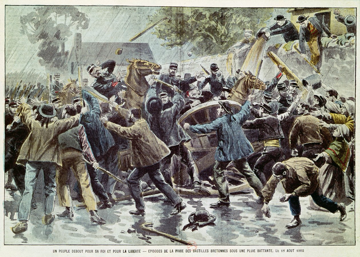 1902年8月18日ブルターニュでの騒乱、会衆に関する法律の施行に対するブルトン人、1902年（カラー彫刻） 作： ユージンダンブランス