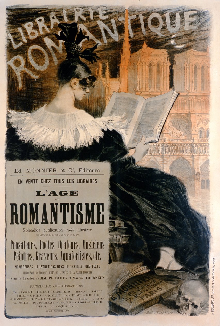 ロマン主義の歴史に関する一連の本を宣伝する「Librairie Romantique」ポスター、1887年 作： ユージーン・グラセット