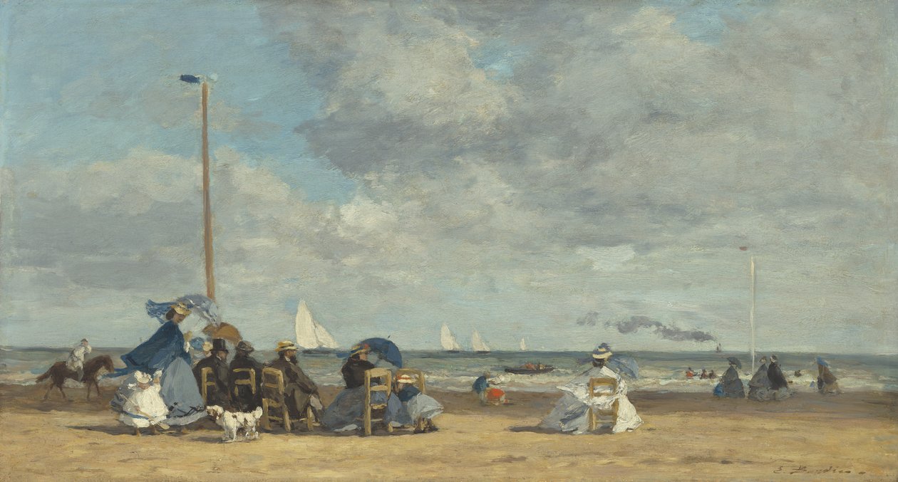 トゥルーヴィルのビーチ、1864-5（木の上の油） 作： ユージン・ルイ・ブーダン