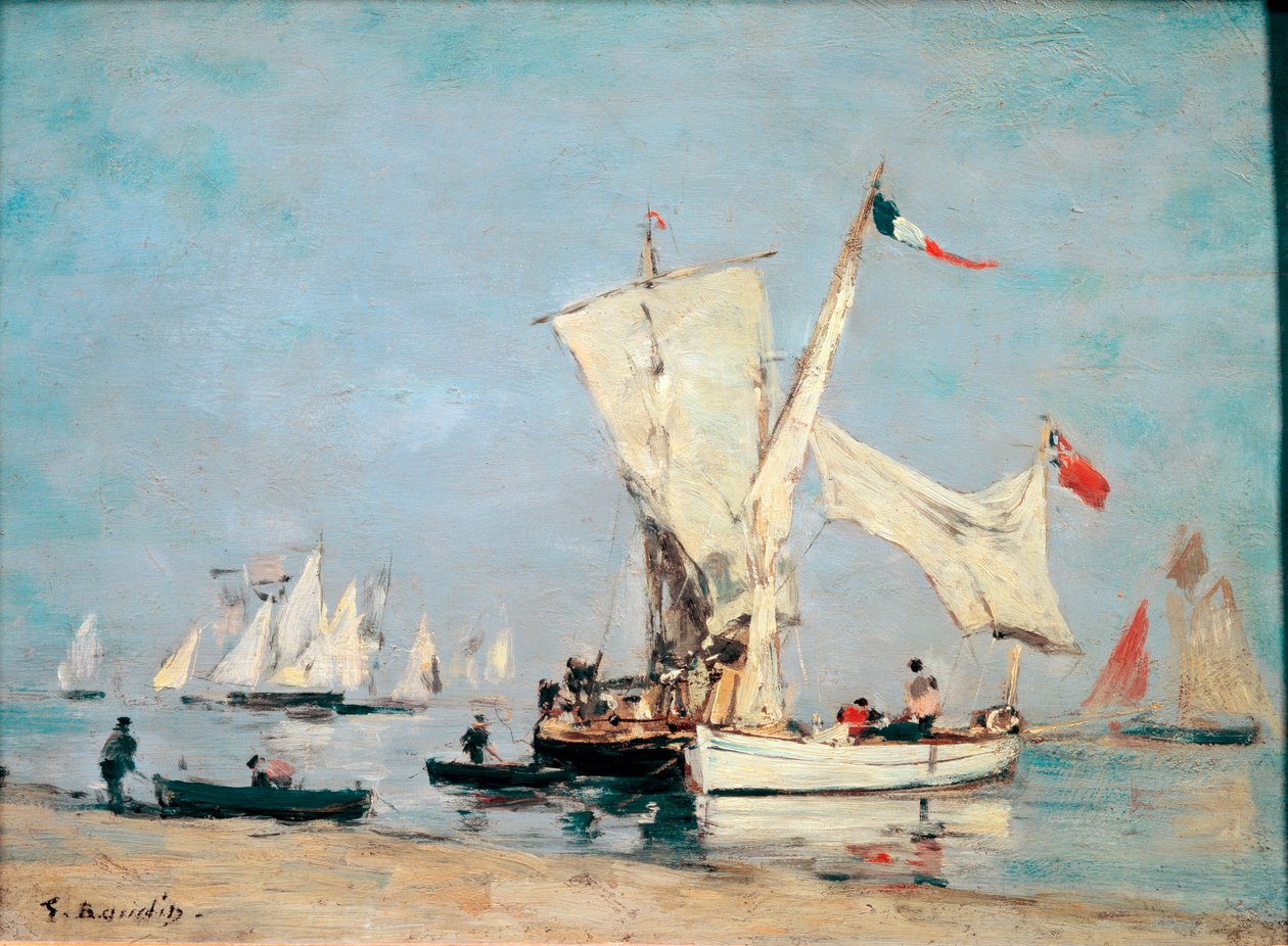 ヨット、1869年頃、絵画：ユージーンルイブーダン（1824-1898）、太陽：0、24x0、31m、パリ、オルセー美術館-「”帆船”」、c、1869、木に油彩、ユージーンルイブーダン（1824年） -1898）、Sun：0、24x0、31m、 作： ユージン・ルイ・ブーダン