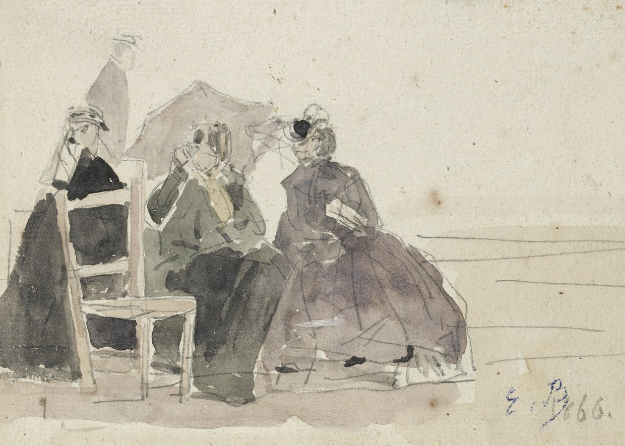 ビーチの椅子に座っている3人の女性（白い紙に黒鉛） 作： ユージン・ルイ・ブーダン
