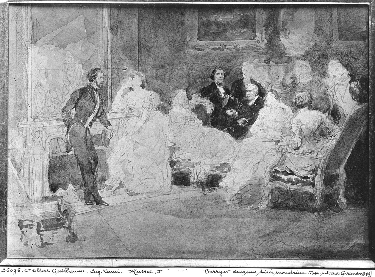 社会の夜、1840年頃のアルフレッドドマセット（1810-57）ユージーンドラクロワ（1798-1863）とピエールアントワーヌベリエ（1790-1868） 作： ユージン・ルイ・ラミ