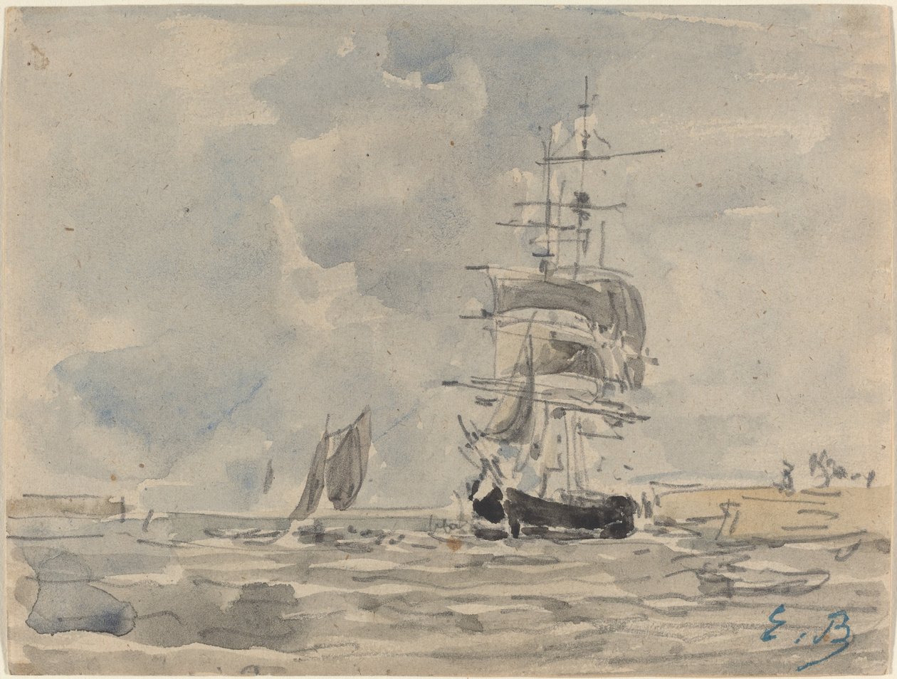 帆船のある海の風景、c。 1875年。 作： ユージン・ルイ・ブーダン