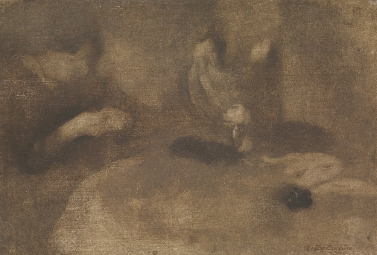 テーブルで縫う女性、ca。 1894-96。 作： EugèneCarrière