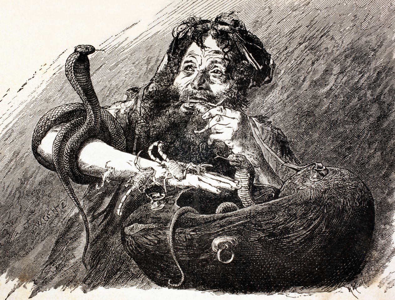 サソリを食べる19世紀のエジプトのダーヴィッシュ。 El Mundo Ilustrado（バルセロナ発行、1880年）から。 作： ヨーロピアンスクール
