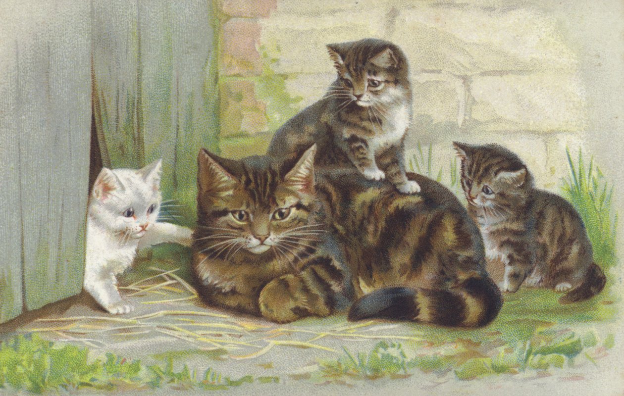 3匹の子猫を連れたタビー猫（クロモリト） 作： ヨーロピアンスクール
