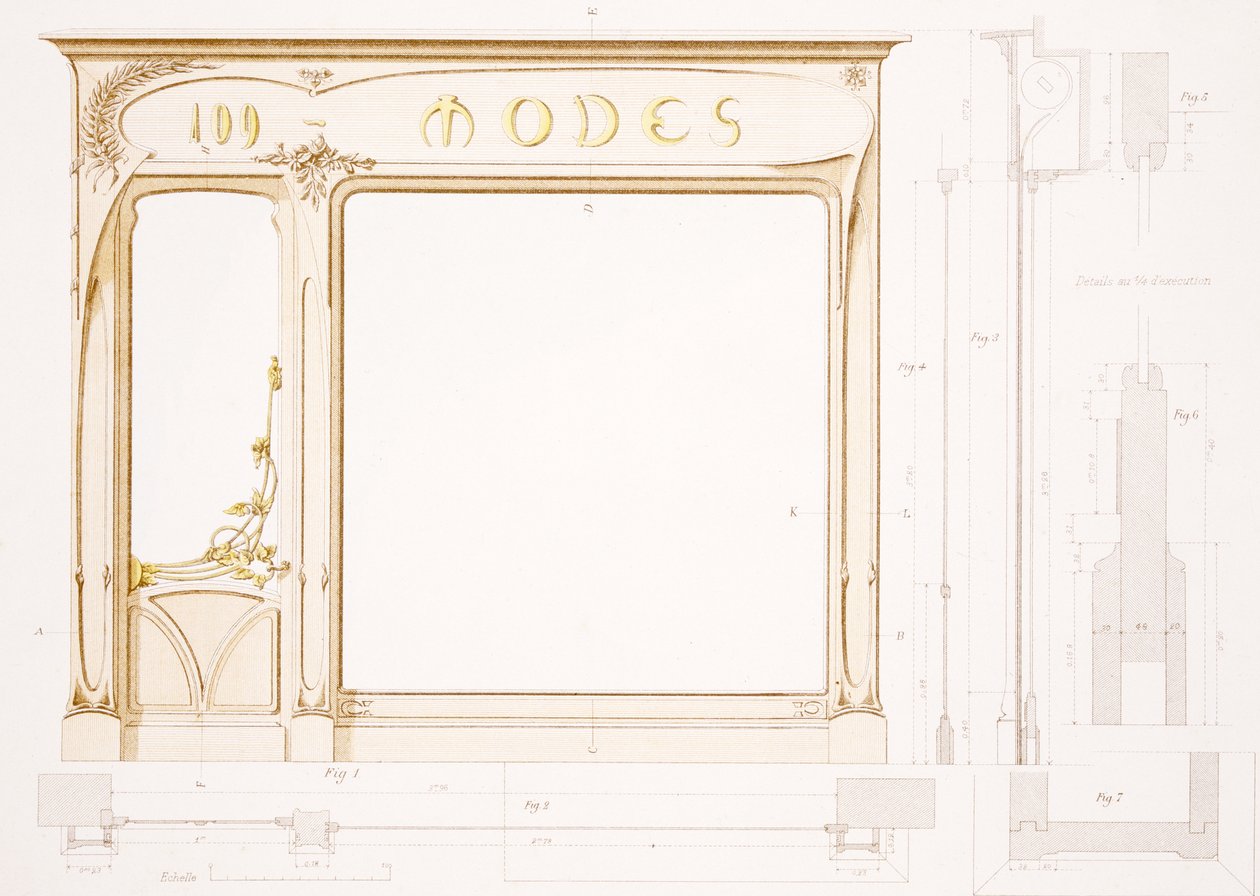 ファッションショップのフロントのデザイン、「Menuiserie d&39;Art Nouveau」のイラスト、1900年頃出版 作： F.バラバス