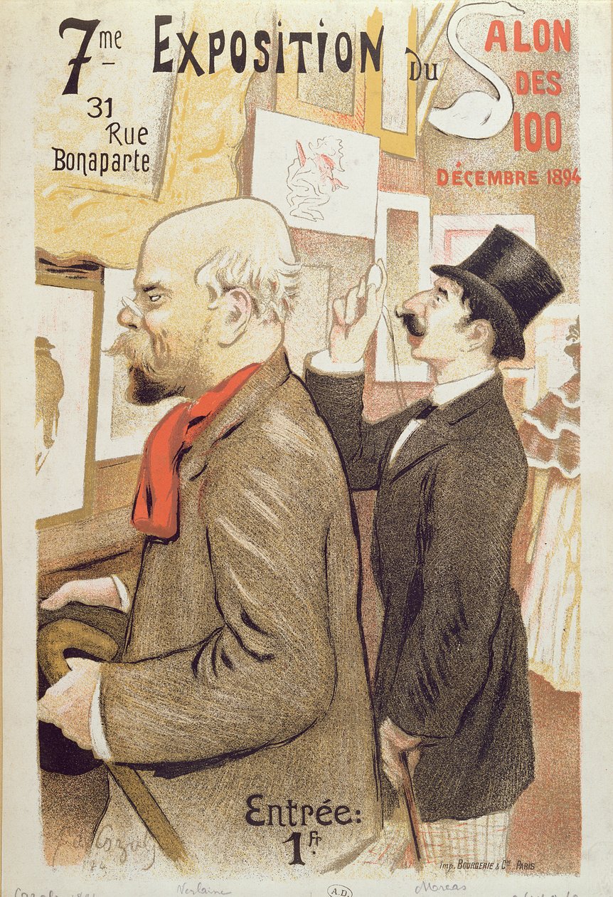 サロンデ100、1894年のポールヴェルレーヌ（1844-96）とジャンモレア（1856-1910）を描いた「第7回サロンデ100展」の広告ポスター 作： FAカザル