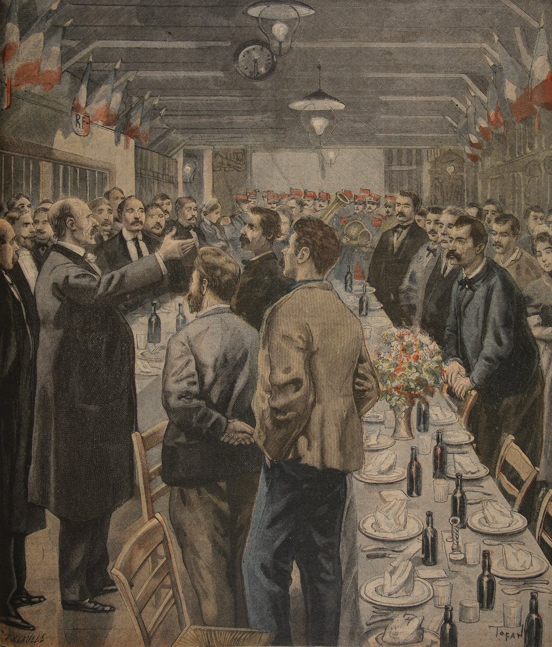 万博博覧会の労働者のための夕食会、1900年、「Le Petit Journal：Supplement illustre」からのイラスト、1898年1月23日 作： フロリダ州およびトファニ、オズワルド・ミーレ