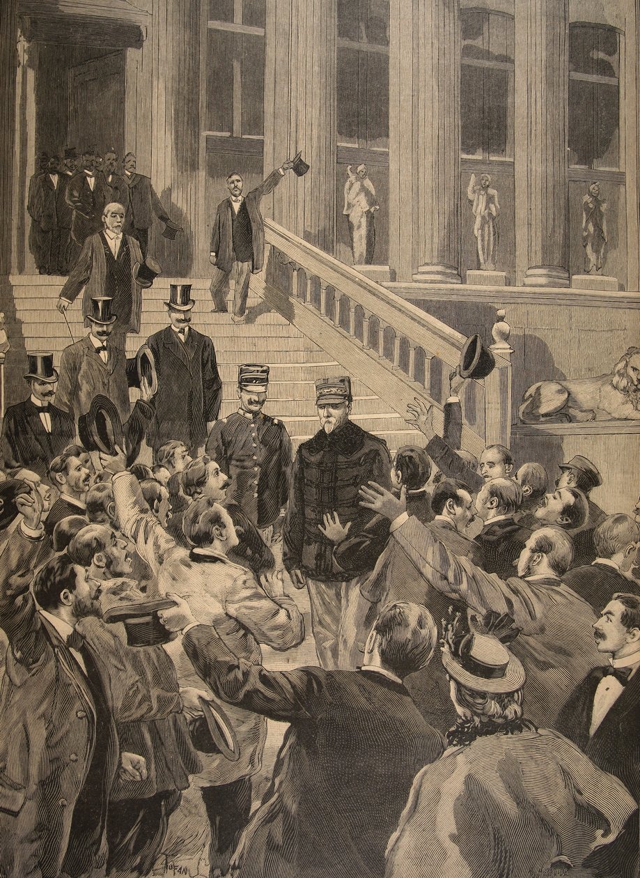 ゾラの出口での役員の勝利の叫び、「Le Petit Journal：Supplement illustre」のイラスト、1898年2月20日 作： フロリダ州およびトファニ、オズワルド・ミーレ