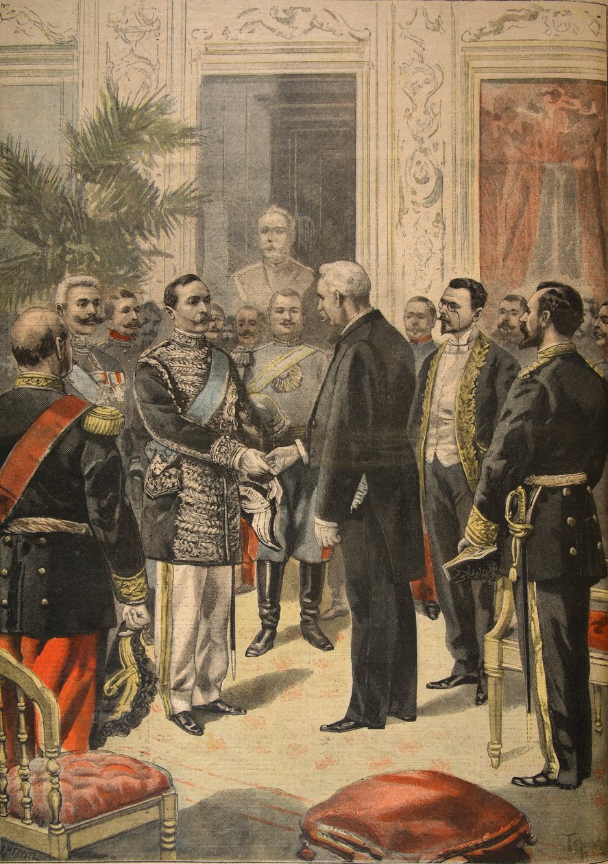 1898年3月6日、ロシア大使、エリゼでのウロソフ王子、「Le Petit Journal：Supplement illustre」からのイラスト 作： フロリダ州およびトファニ、オズワルド・ミーレ
