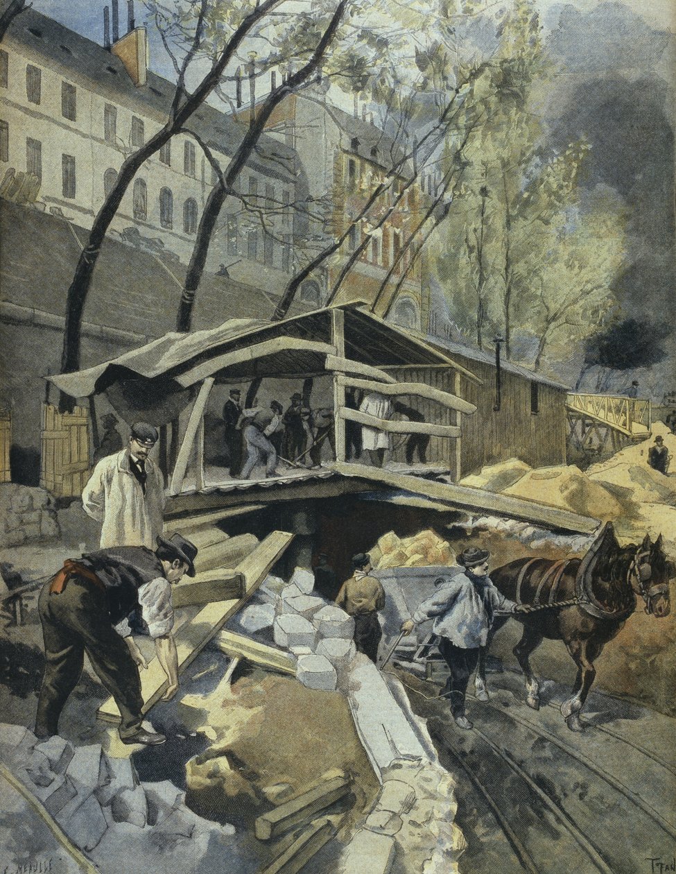 パリ、メトロポリタンでの作業、「Le Petit Journal：Supplement illustre」からのイラスト、1899年5月14日 作： フロリダ州およびトファニ、オズワルド・ミーレ
