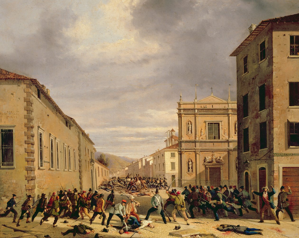 1849年3月21日、ブレーシアのピアツェッタサンタバルナバでの戦い 作： ファウスティーノ・ジョリ