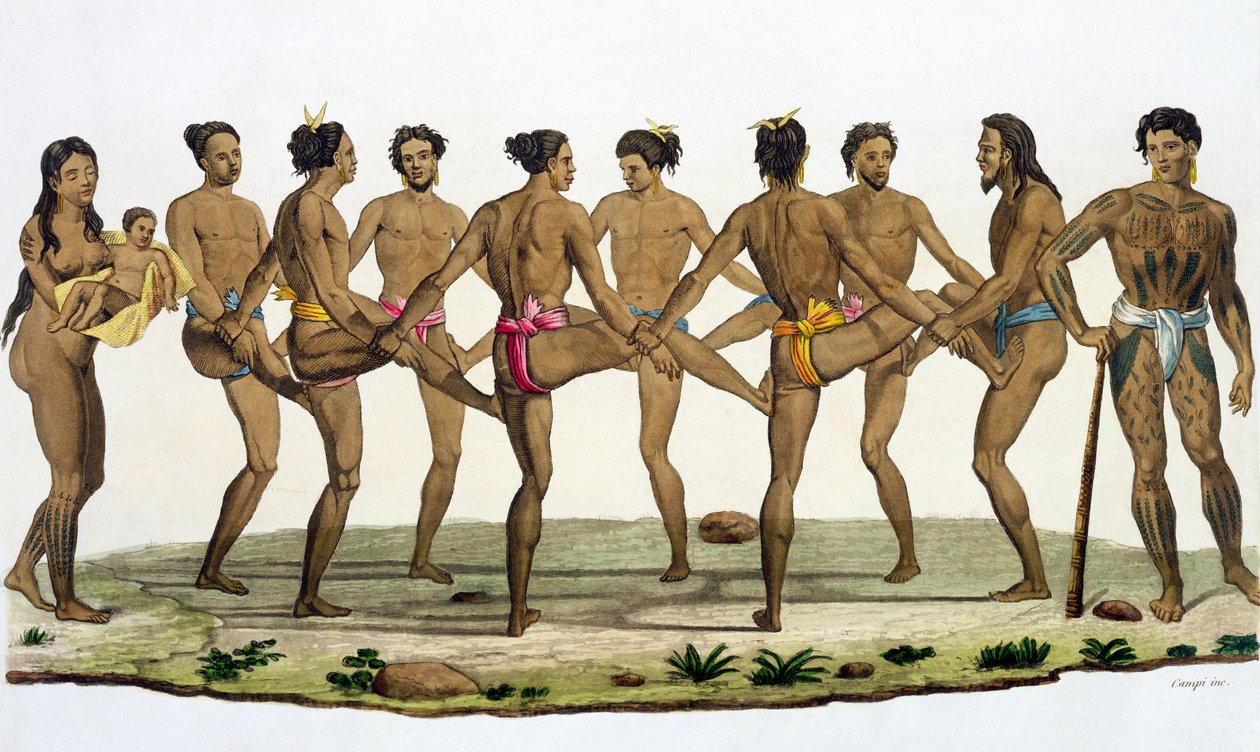 キャロラインアイランダーのダンス、ジュールフェラーリオの「ルコスチュームアンシャンエモデルヌ」のプレート22、1820年代から30年代に出版 作： フェリーチェ・カンピ
