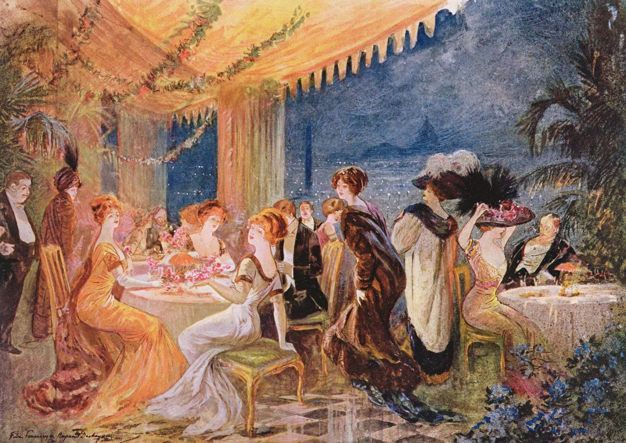 パリのレストランのソワレ、1910年のルフィガロイラストでの毛皮のリビヨンの広告 作： フェリックス・フルネリー