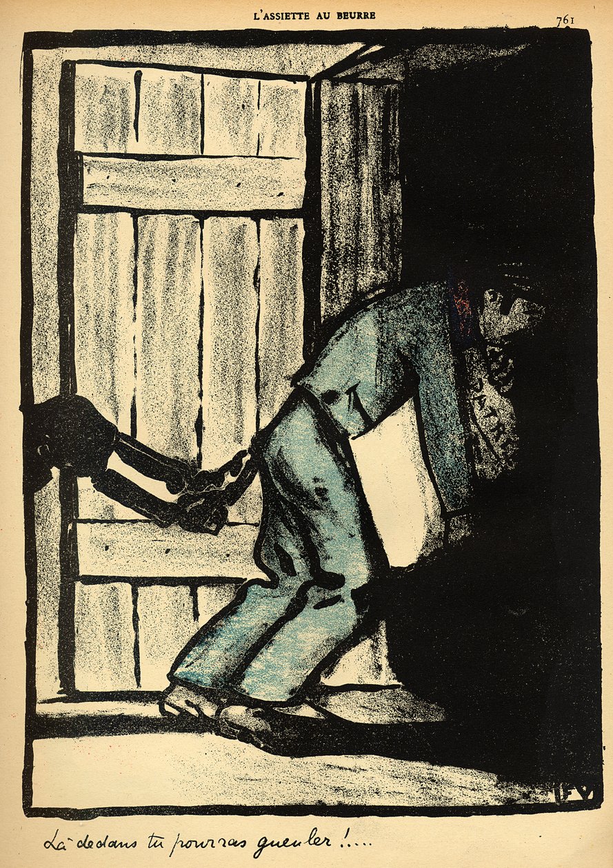 1902年3月1日、「L&39;Assiette au Beurre」の特別版「犯罪と罰」から政治ポスターを掲げた男が刑務所に投げ込まれた 作： フェリックス・エドゥアール・ヴァロットン