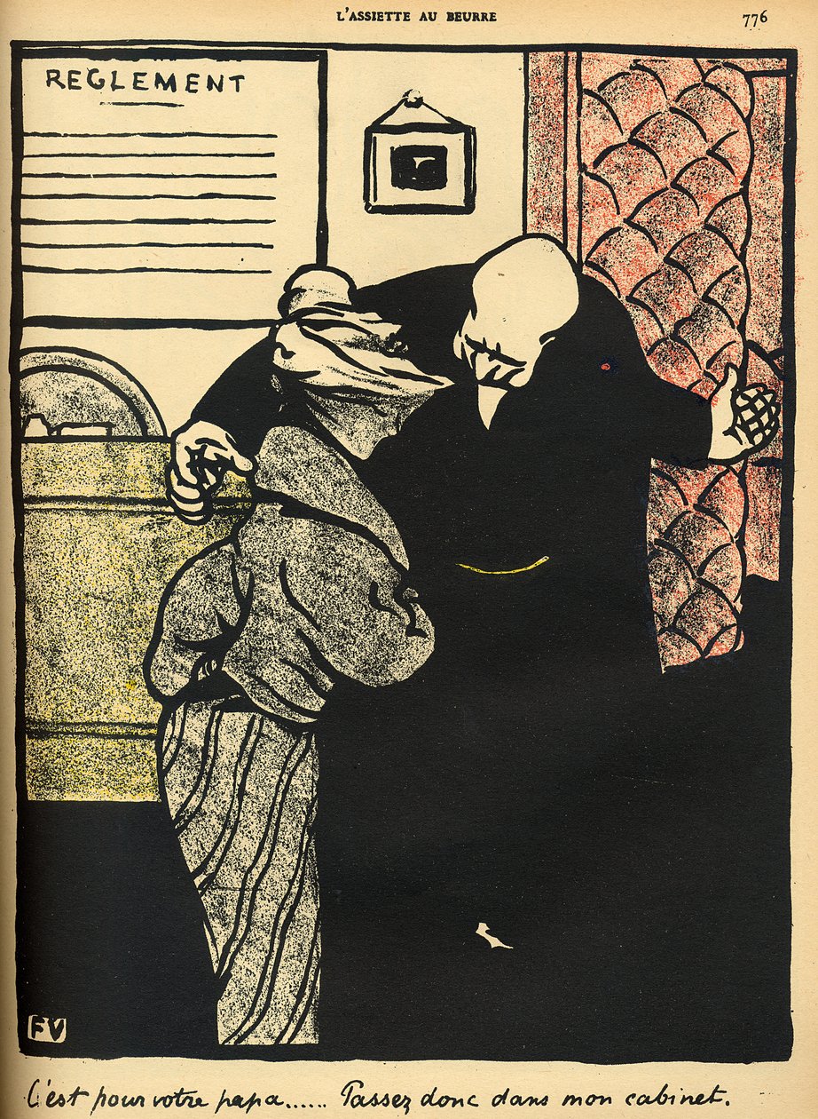 1902年3月1日、「L&39;Assiette au Beurre」の特別版「犯罪と罰」から、価値ある男が若い女性を彼のオフィスに案内します。 作： フェリックス・エドゥアール・ヴァロットン