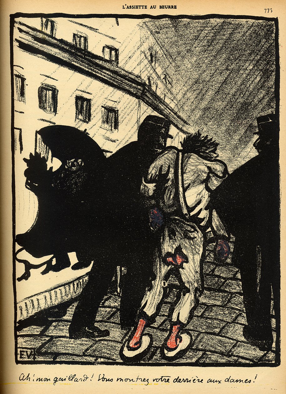 1902年3月1日、「L&39;Assiette au Beurre」の特別版「犯罪と罰」から、2人の警官がぼろをまとったトランプを奪う 作： フェリックス・エドゥアール・ヴァロットン