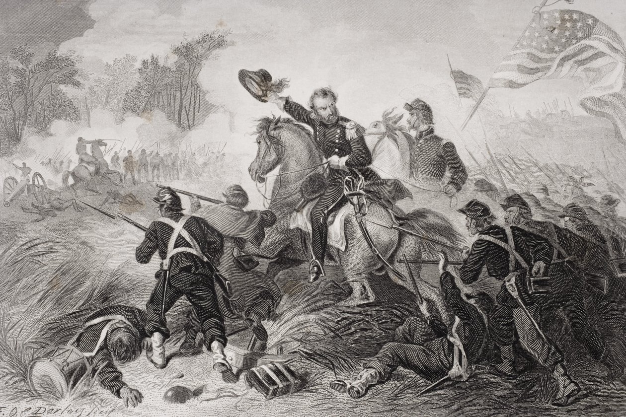 ミズーリ州ウィルソンクリークの戦いでのリヨン将軍（1818-61）の突撃、1861年 作： フェリックスオクタヴィウスカーダーリー