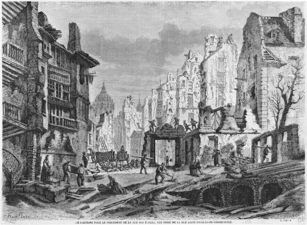 パリ、Rue des Ecolesの建物の解体、サンニコラデュシャルドネ通りからの眺め、シャルルモーランドの彫刻（19世紀） 作： フェリックス・ソリニー