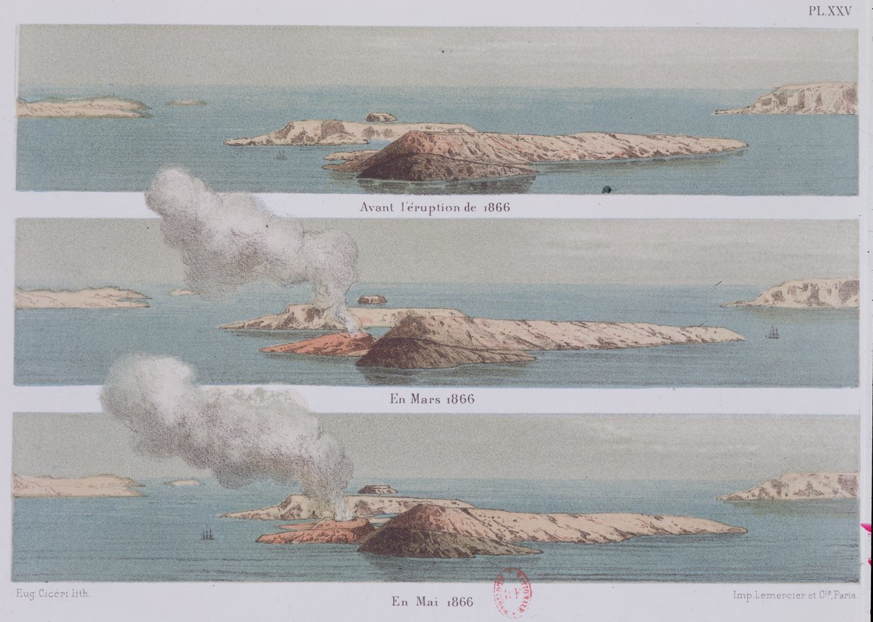 1879年にユージーンシセリによって彫刻された、芸術家によるサントリーニ島とその噴火からのイラスト、ゲオルギオス火山の噴火 作： フェルディナンド・フーケ